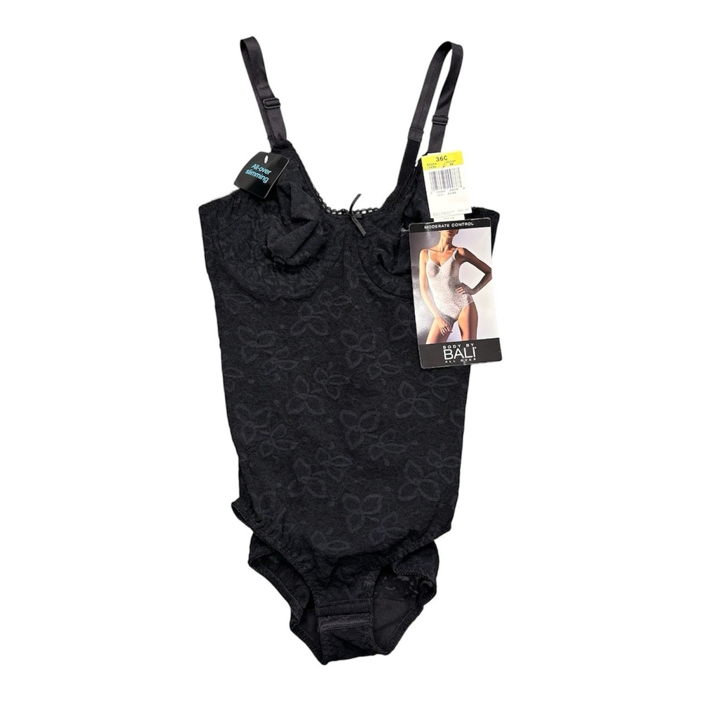 Vintage NWT‎ BALI 36C Lace Black Built in Underwire Bra Shaping Bodysuit #7432